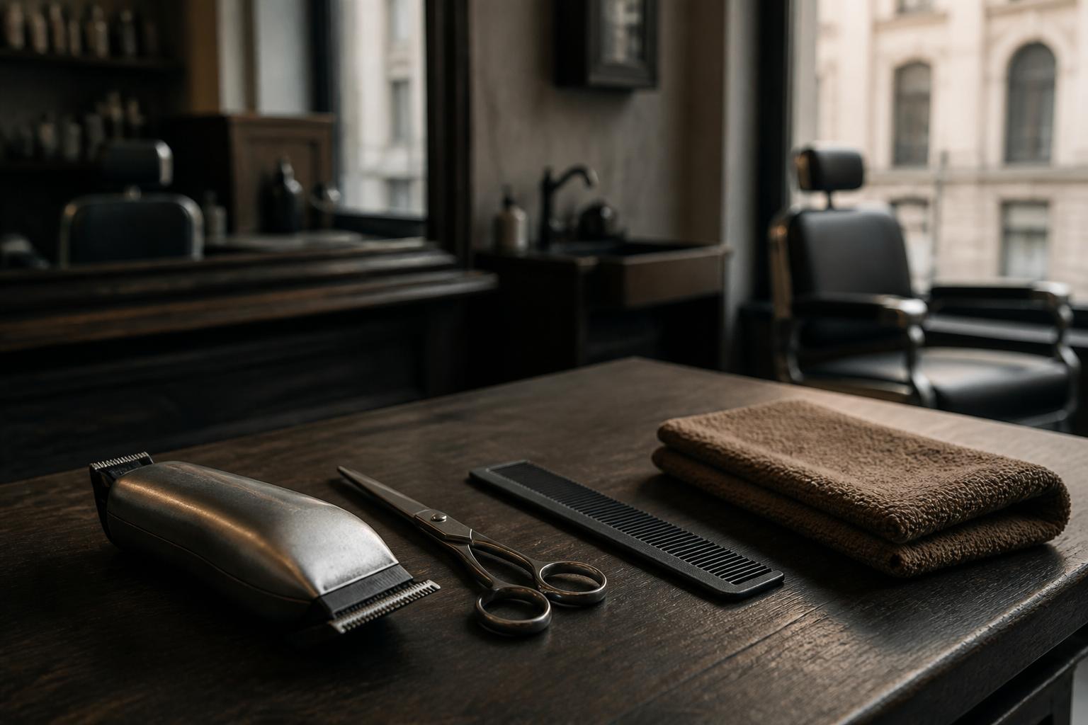 Barber clippers, scissors and towel arranged on a counter
