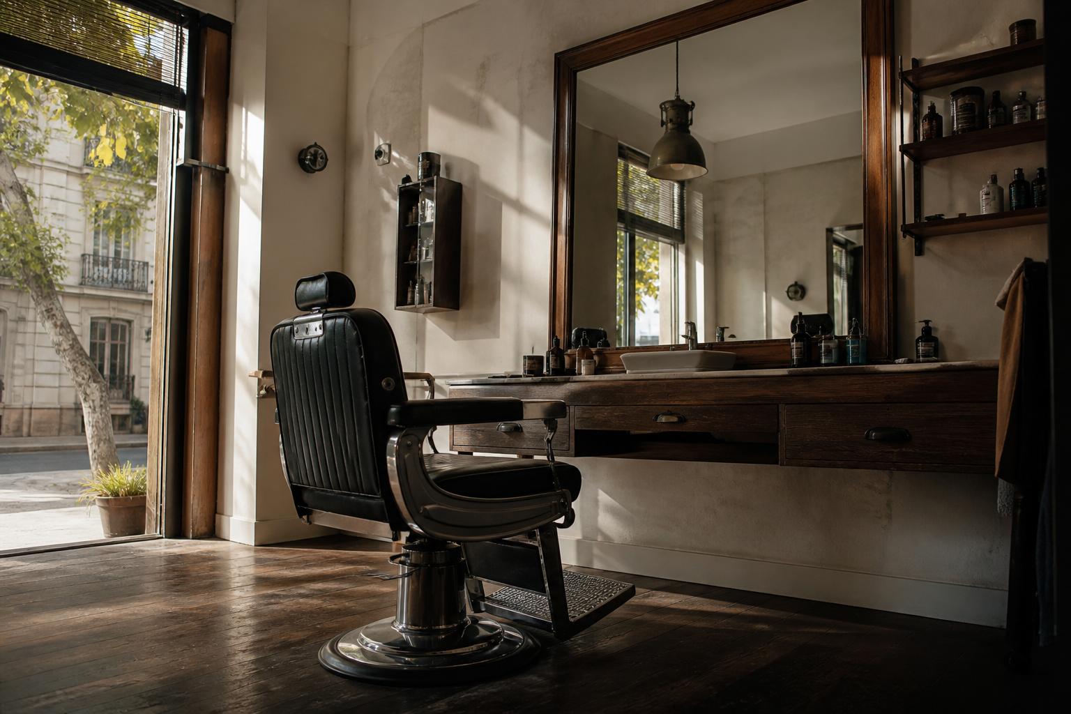 Warm barbershop chair and wall mirror